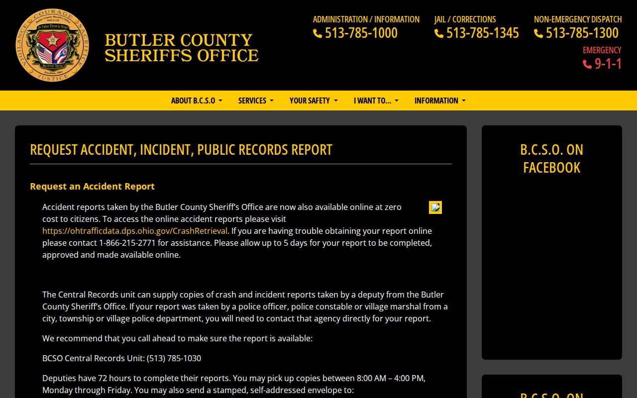 Butler County booking record request page
