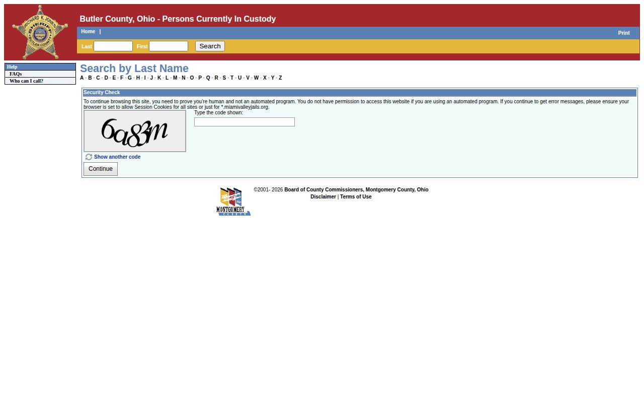 Butler County current-custody roster search interface