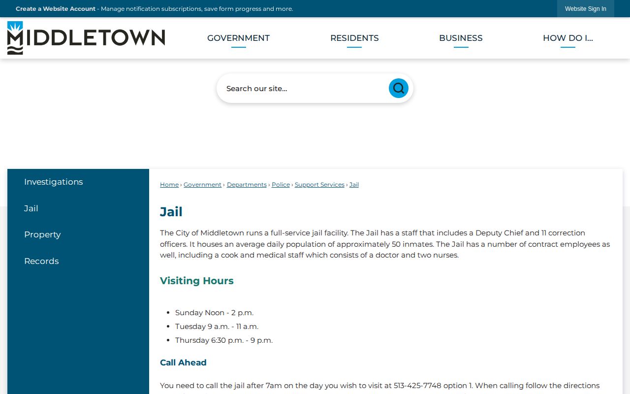Middletown Jail official source for city custody and booking questions