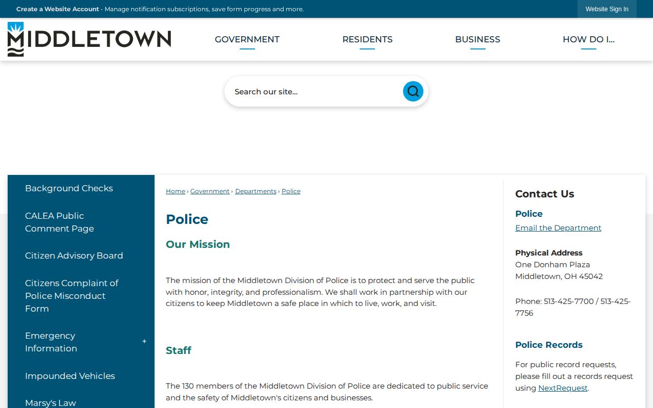 Middletown Police Division contact route for Middletown arrest records